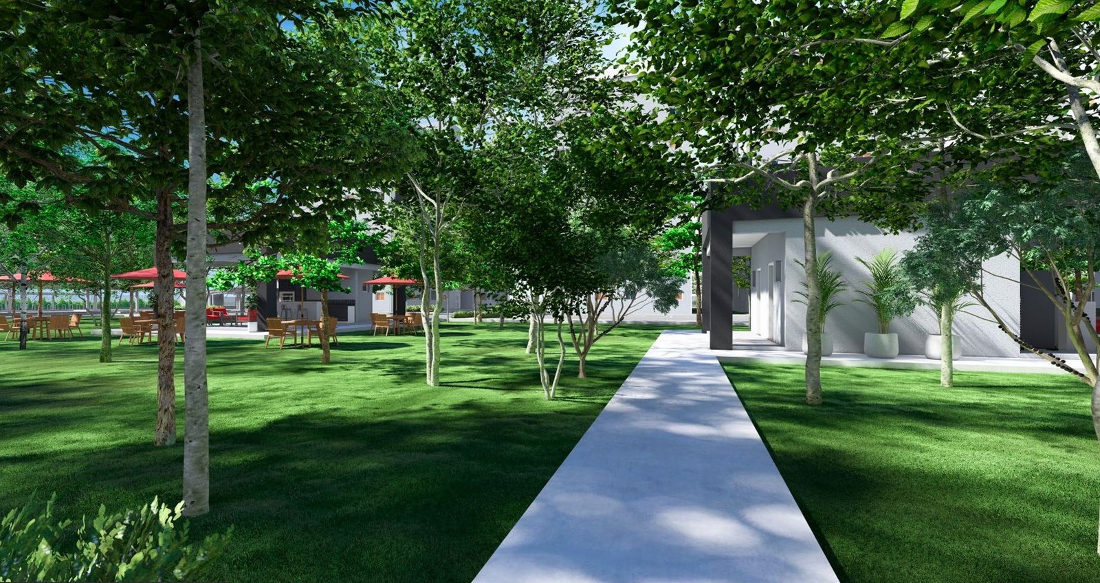Imagem ilustrativa dos jardins internos com caminho de pedestres entre árvores