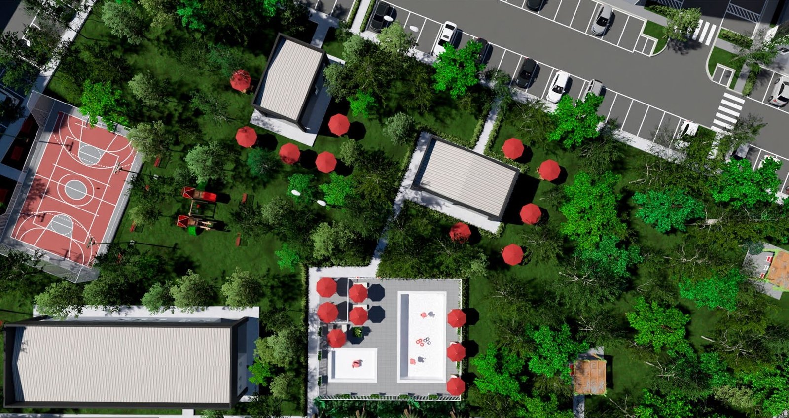 Imagem ilustrativa da vista aérea da área de lazer, com quadra, playground, piscinas e bosque