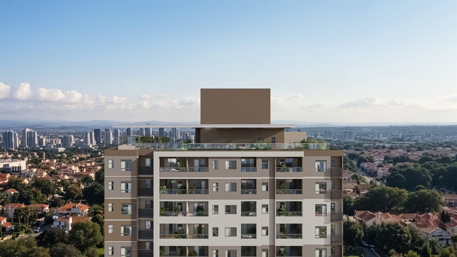Imagem ilustrativa do alto da torre residencial com rooftop e vista panorâmica da cidade